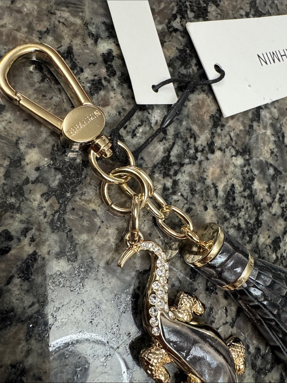 Brahmin Black leather gold Metallic Tassel Croc Charm Keychain bag charm NWT - Picture 4 of 11